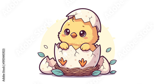 Cute little yellow chick hatching egg.