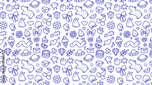 Seamless pattern of doodles drawn with a blue pen on a white background. Freehand line drawings.