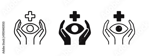 Eye care and ophthalmology icon set with hands protecting an eye and medical cross, representing vision health.