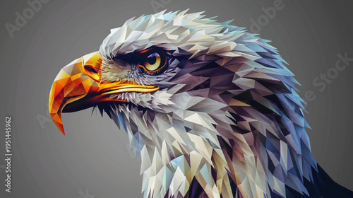 Geometric eagle head portrait majestic bird of prey in profile against gray