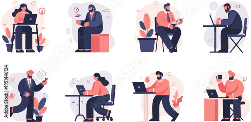 Diverse individuals engaged in office tasks, working diligently on laptops and devices