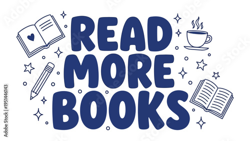 Literary Invitation: Whimsical illustrations, inviting readers to immerse themselves in the joy of reading, featuring a cup of coffee, open book, and pencil