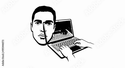A face is split with one side showing a hand reaching out from a laptop screen