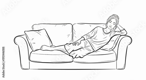 A person relaxing on a plush couch with one arm behind their head and a pillow