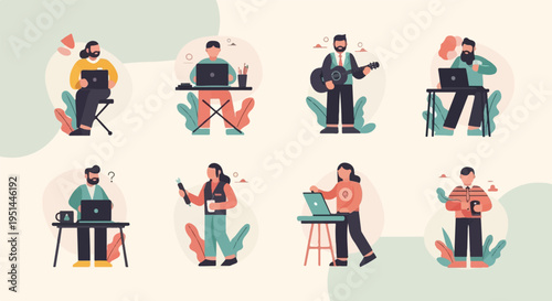 Diverse individuals engaged in various activities, some working on laptops, others playing guitar