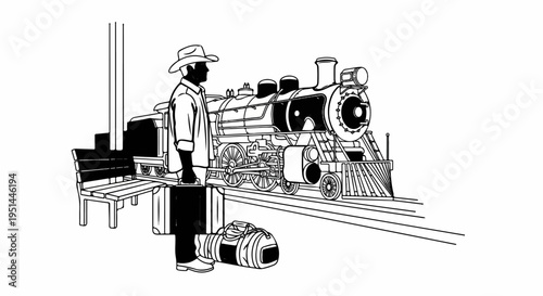 A man in a cowboy hat waits with luggage beside a steam train at a station
