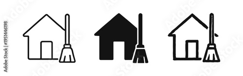 House cleaning and household chores icon set with a house and broom, representing home maintenance and tidiness.