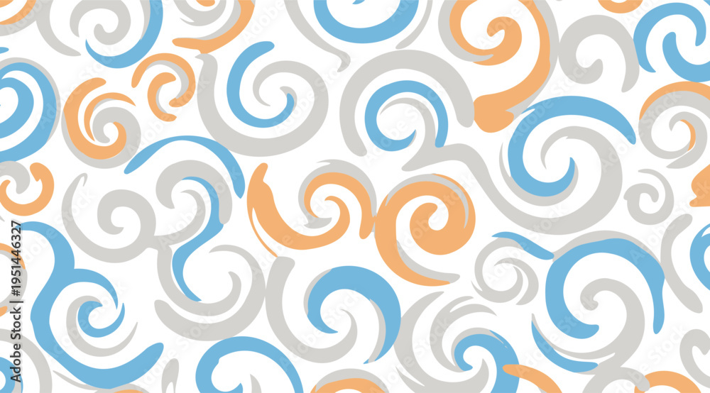 Fototapeta premium Seamless abstract pattern with colorful swirling shapes in blue, orange, and gray on white background.