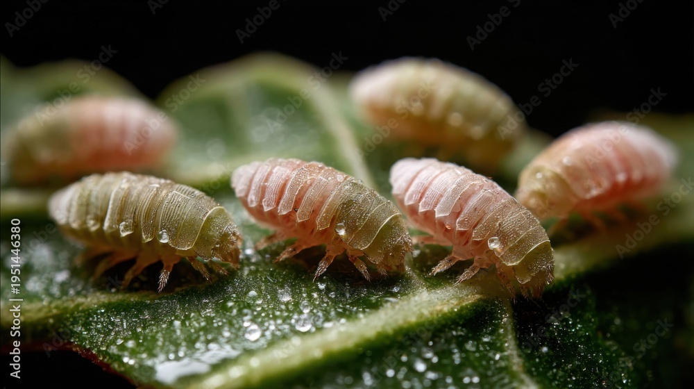 Fototapeta premium Tiny Ladybug Larvae Crawling on a Dew-Covered Green Leaf in Macro Detail