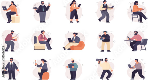 Collection of pixelated individuals engaged in various activities, many with devices