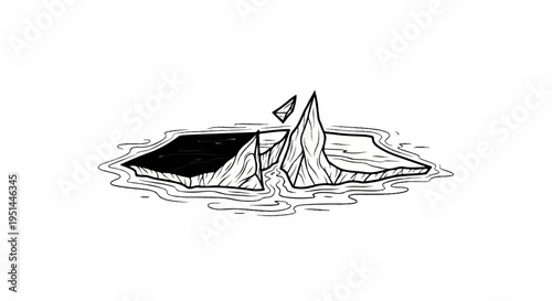 Black and white drawing of a jagged iceberg floating in water