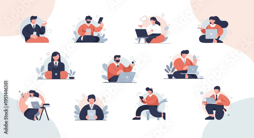 Diverse individuals engaging with technology and work in various seated positions
