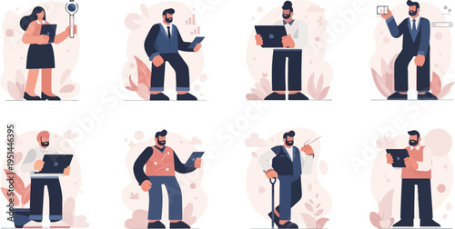 Business professionals engaged with technology in various work-related scenarios