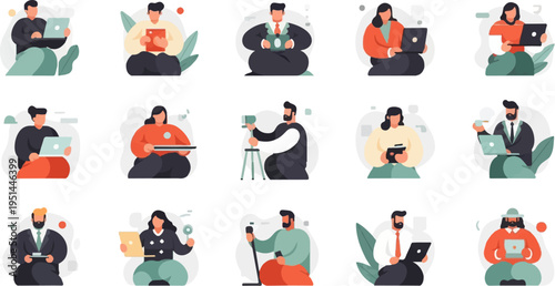 Diverse individuals using technology, engaged in various tasks and hobbies