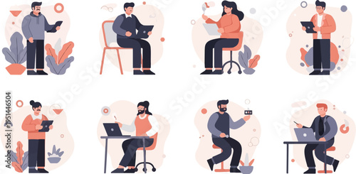 Diverse individuals engaged in digital work, some seated at desks, others standing