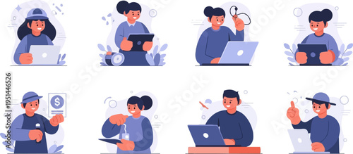 Diverse individuals engaged in various activities, often involving laptops and tablets