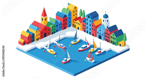 A colorful isometric illustration depicts a harbor town with boats and buildings presented as a striking silhouette high quality professional detailed