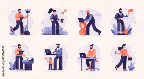 Stylized people engaged in various work and daily activities using technology