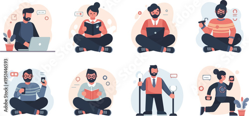 Diverse individuals engaged in various modern activities like work, reading, and exercise