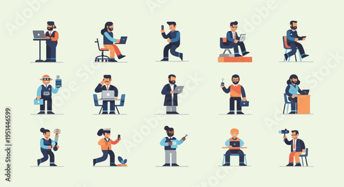 Diverse group of people using various technologies for work and leisure