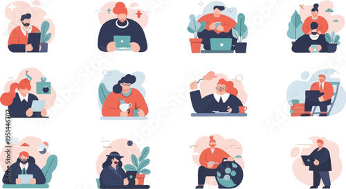 Diverse individuals engaged in various activities, likely work-related, depicted in modern illustrations