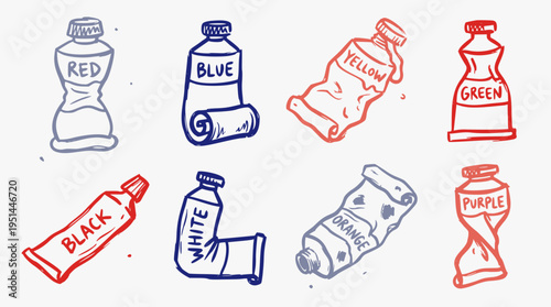 A collection of colorful paint tubes and bottles, hand-drawn in a sketchy outline vector style, perfect for artistic and creative projects