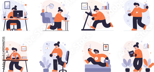 A collage of diverse daily activities depicted with simple, stylized characters