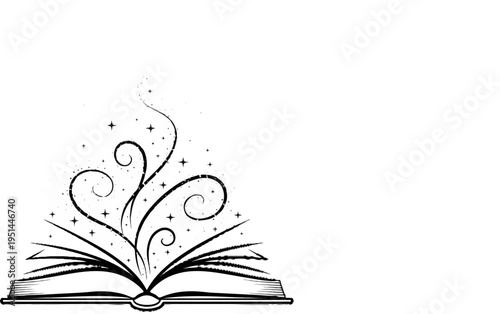 Open book with magical swirls and stars bursting forth