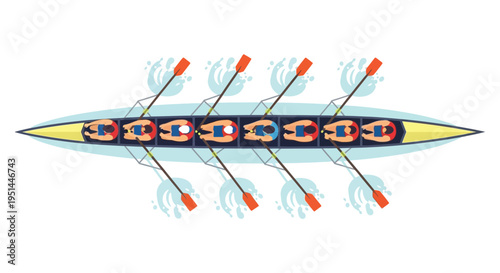 An overhead view depicts an eight person rowing team in a long sleek boat a striking silhouette high quality professional detailed modern