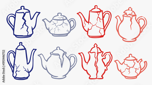 A set of hand-drawn cracked teapots and coffee pots in a sketchy outline style, featuring shades of blue and red