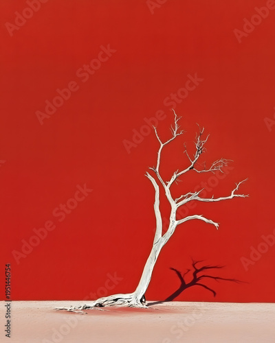 Minimal dead tree on red background desert drought climate change concept