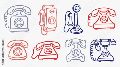 A collection of hand-drawn vintage telephone vector illustrations featuring rotary dial phones and classic communication devices in a simple line art style