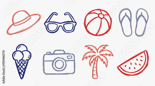 Hand-drawn vector illustration of summer vacation essentials including beach gear, refreshments, and travel items in a vibrant sketch style