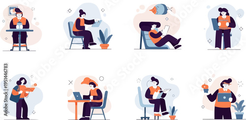 Flat style illustrations of diverse people engaged in various daily activities and work