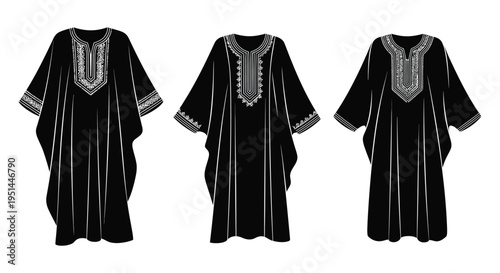 Three black traditional kaftans displayed in a row showcasing ornate detailing and a striking silhouette high quality professional detailed modern elegant