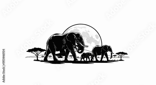 A family of elephants walks under a large moon on the savanna