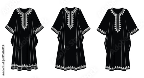 Three black kaftans with ornate white embroidery are displayed on a white background a striking silhouette high quality professional detailed modern