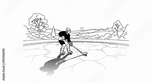 A hockey player skates on an icy pond with a wooded landscape background