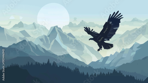 Soaring eagle silhouette over mountain range at dawn vector illustration