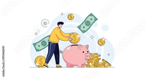 Man diligently saves money by placing a large gold coin into a pink piggy bank surrounded by cash and more coins.