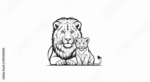 A majestic lion and its cub sit side by side, rendered in bold black linework