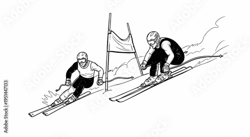 Two skiers race down a snowy slope near a gate