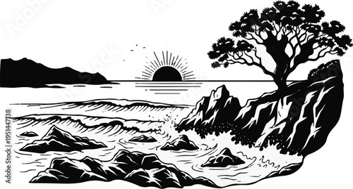 Stylized sunrise over a rocky coast with waves crashing against the shore