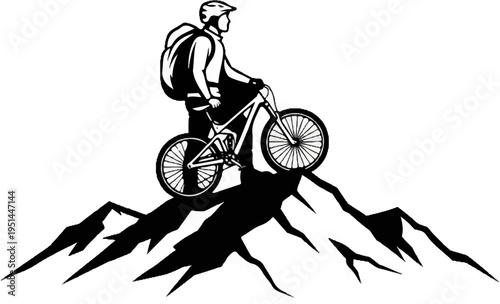 Black and white illustration of a mountain biker on a peak, with shadow