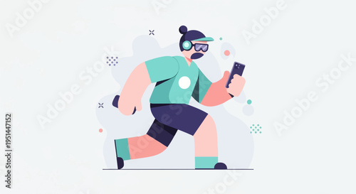 Animated figure running with headphones and phone, abstract background