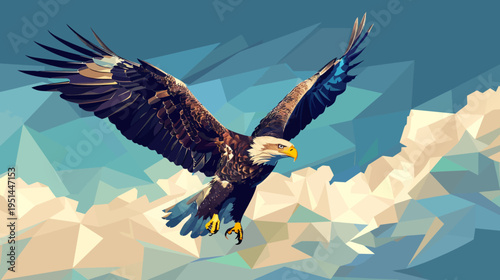 Majestic eagle soaring with outstretched wings against polygonal sky background