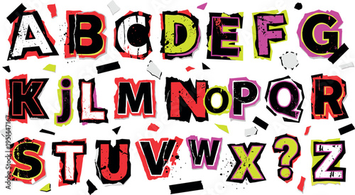 Grunge Pop Art Alphabet Letters Set with Bold Colorful Typography and Urban Style