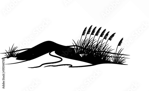 Black silhouette of windswept dune grasses and sand