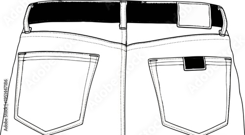 Back view of light blue denim jeans, detailed illustration of pockets and waistband