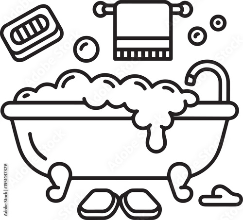 Bathtub icon with soap suds and towel on rack in bathroom setting vector outline illustration of hygiene and relaxation concept black lines
